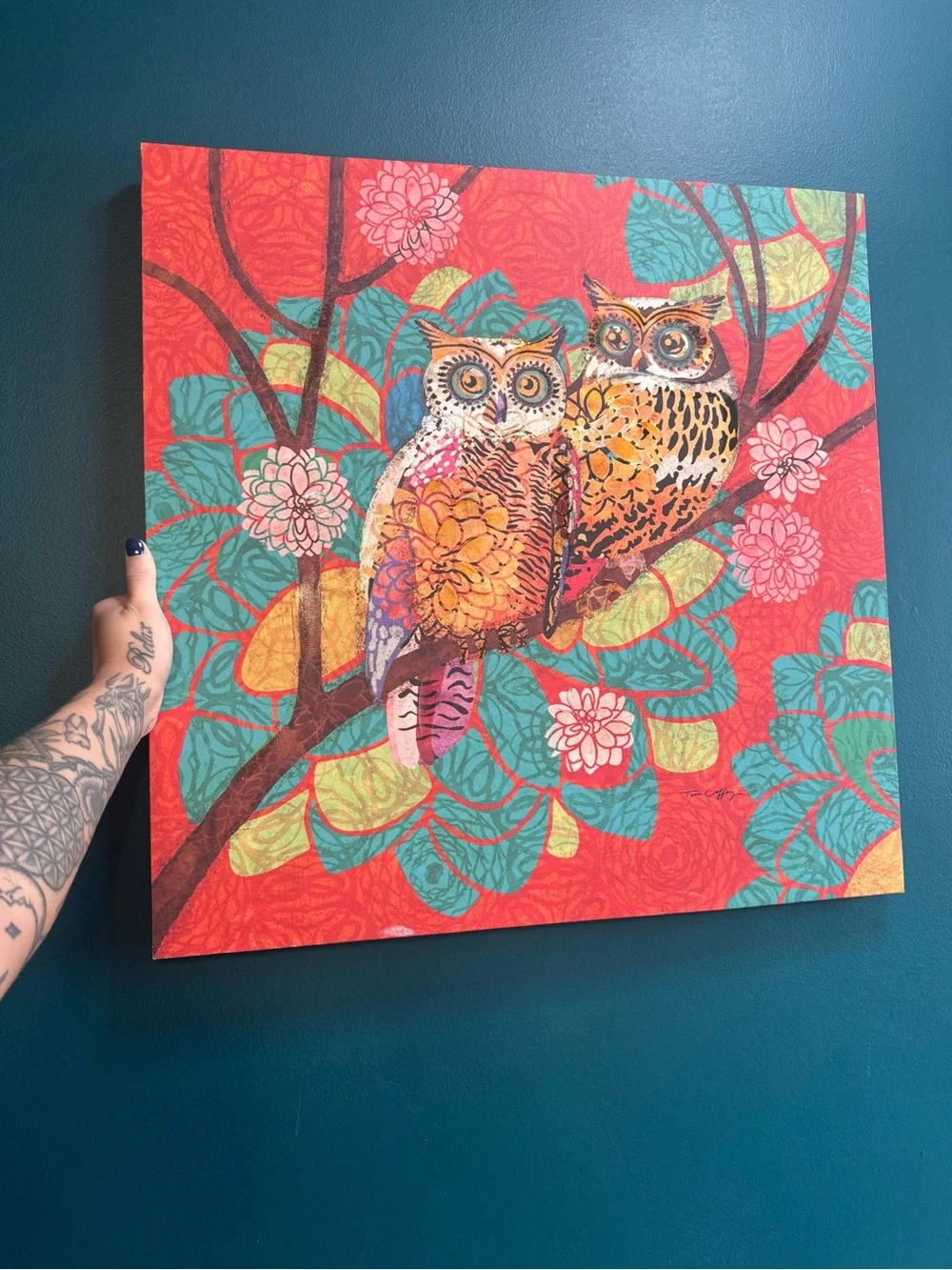 Pier 1 Owl Pair Wall Art - Green, Yellow, Red